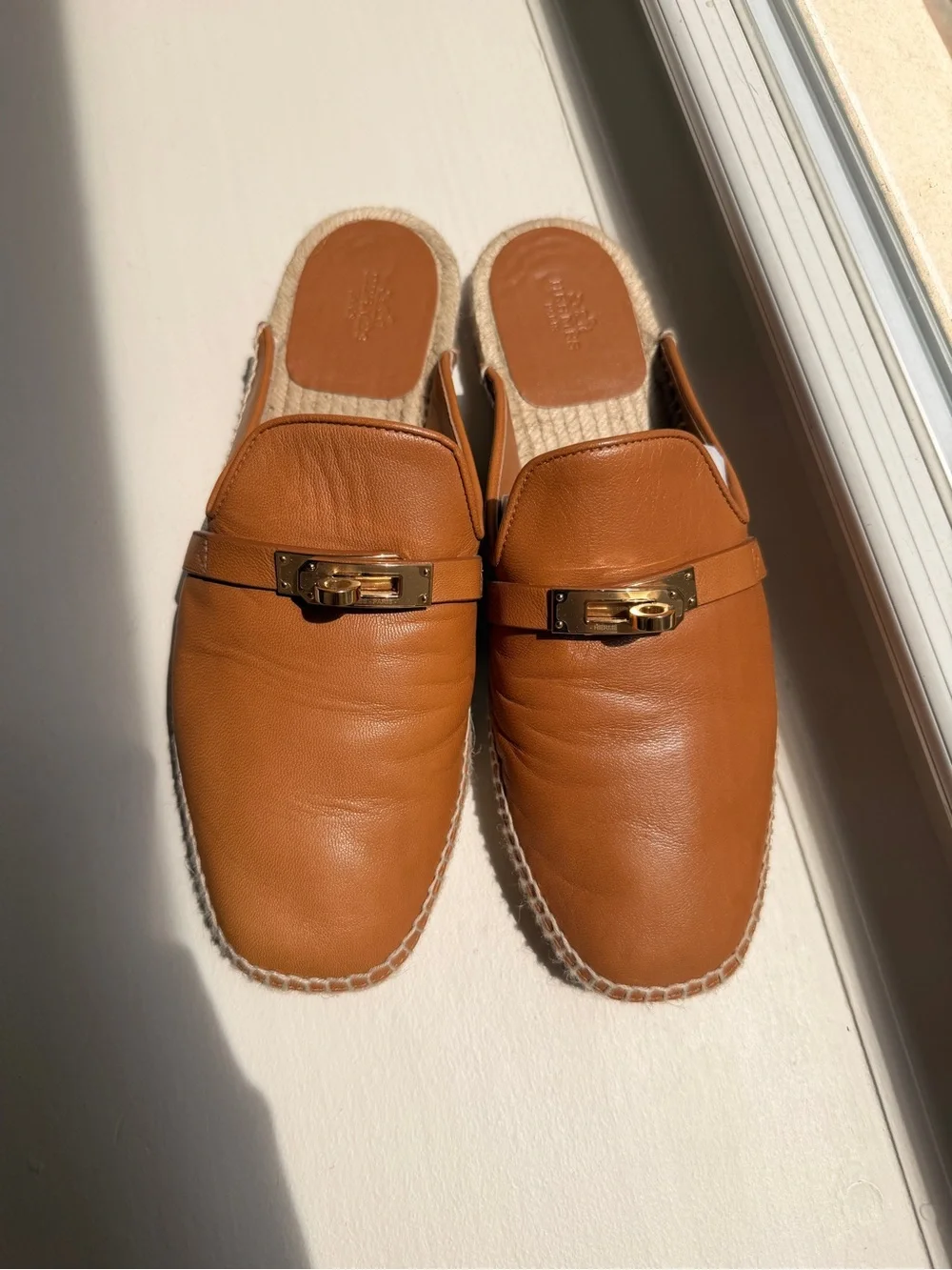 Hermes Tan Leather Espadrille Mules with Gold Hardware